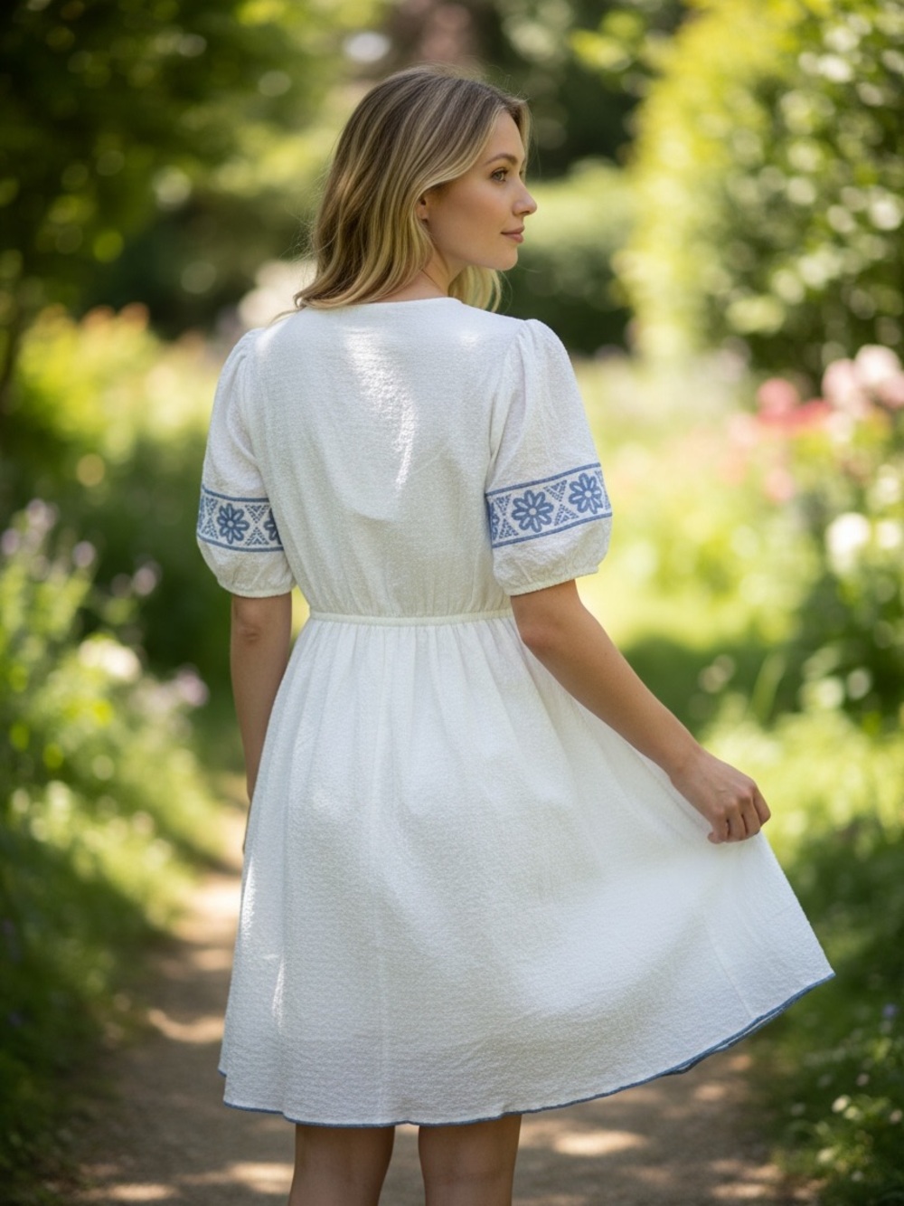 White & Blue Embroidered Puff-Sleeve Mini Dress - Picture 2 of 3